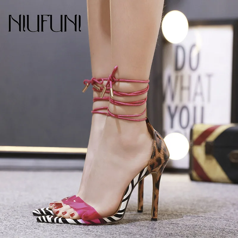 

Transparent Color Matching Womens Sandals Leopard Zebra Pattern Super High Heels Fashion Sexy NIUFUNI 2020 Summer Ladies Shoes