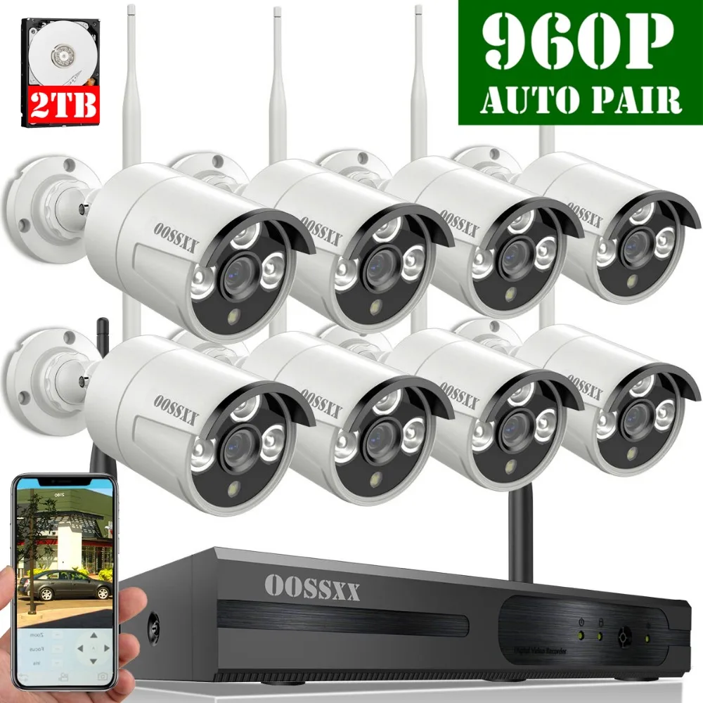 

OOSSXX 8CH 1080P Wireless NVR Kit Wireless CCTV Camera System 1.3MP Indoor Outdoor IP66 IP Camera P2P Video Surveillance System