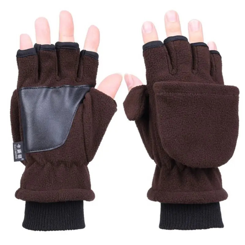 Женские и мужские Зимние флисовые перчатки на половину пальца с откидной крышкой, двухслойные Утепленные перчатки с сенсорным экраном без пальцев, варежки на запястье - Цвет: B Coffee(Men)