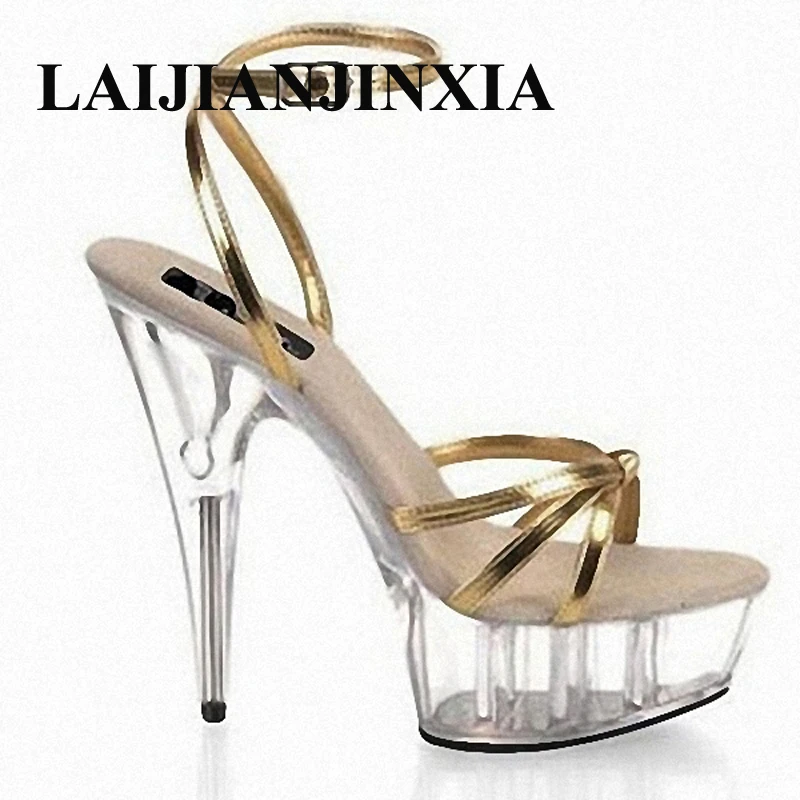 LAIJIANJINXIA/Женская обувь для ночного клуба на высоком каблуке 15 см; Танцевальная обувь на платформе; романтические тапки с открытым носком и кристаллами; танцевальная обувь