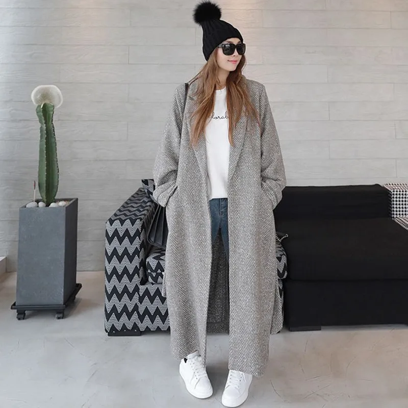Tendencia-Setter 2017 Otoño e Invierno gabardina de lana para mujer Casual suelto rayado largo Vintage negro abrigo - 2