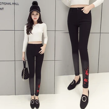 

2019 Gradient Color Embroidery Pattern Cotton Ankle-Length Pants Sweet Women Sexy Pant Jeans for Women Stretch Jeans Student