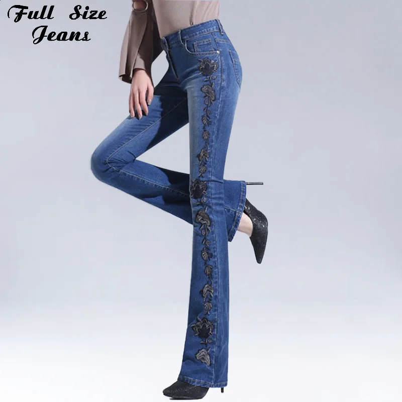 

Autumn High Waist Embroidered Flare Jeans Woman High Waist Denim Pants Womens Plus Size Patchwork Bell-Bottom Jean