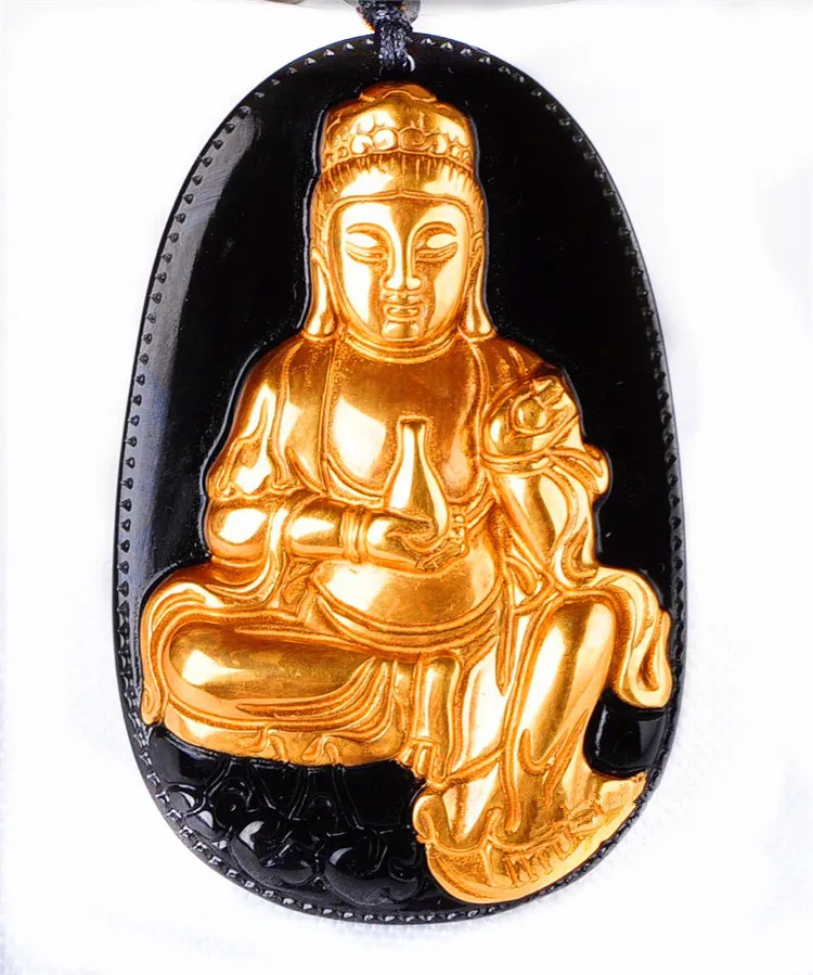 

Beautiful Chinese Natural Black Obsidian Carved Gold Color Bottle GuanYin Lucky Amulet Pendant + free Necklace fashion Jewelry