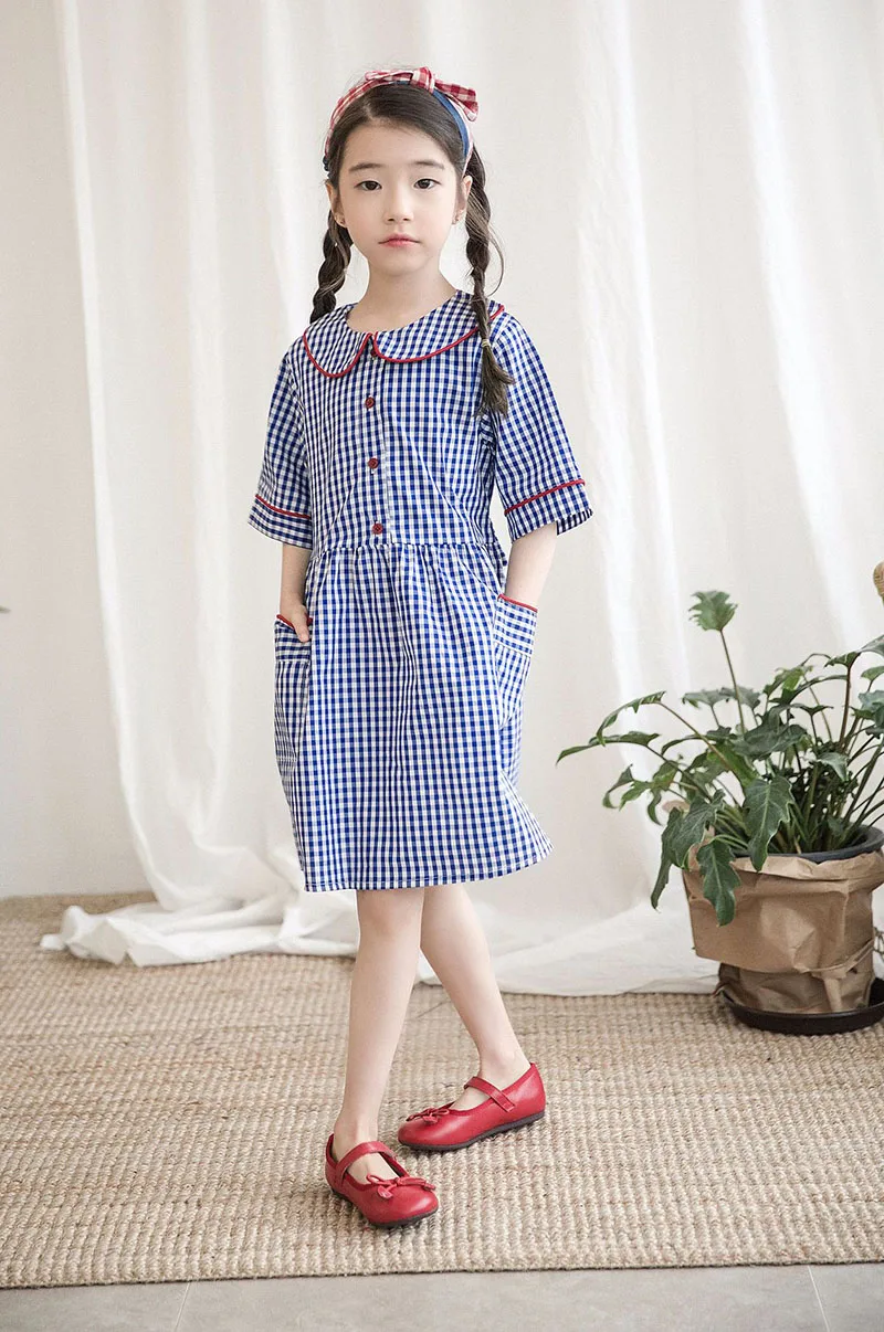 pockets cotton casual dresses for girls kids peter pan collar blue plaid school dress elegant girl big preppy shirts dress 2018 4 5 6 7 8 9 10 11 12 13 14 15 16 years old little big girls  summer dress kids korean dress girls (10)