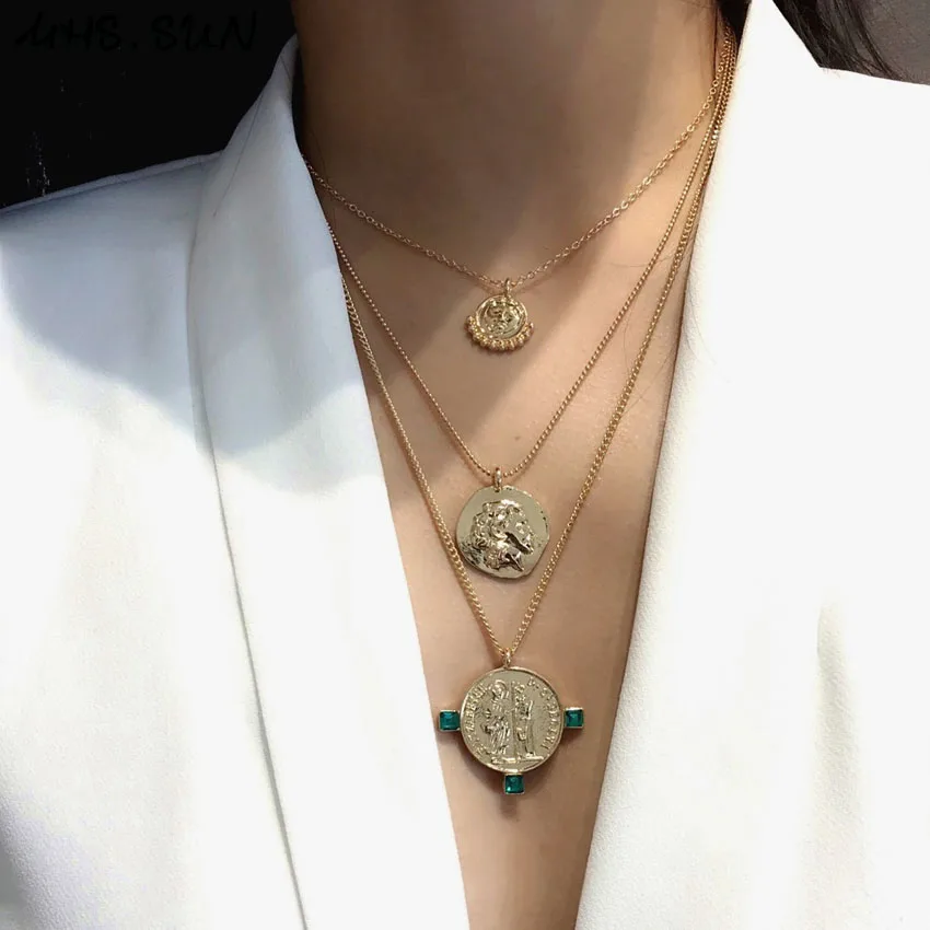 35 (4)Fashion Layered Necklace Women Chain Necklace Gold Color Vintage Sweater Necklace Trendy Jewelry For Female Gift 1Pcs