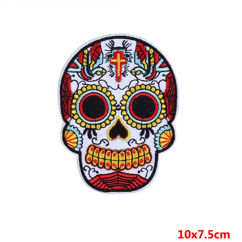 Pulaqi Skull Patch Iron On Biker Motorcycle Embroidery Patches Embroidered Applique Clothes Stickers Garment Cheap D | Дом и сад