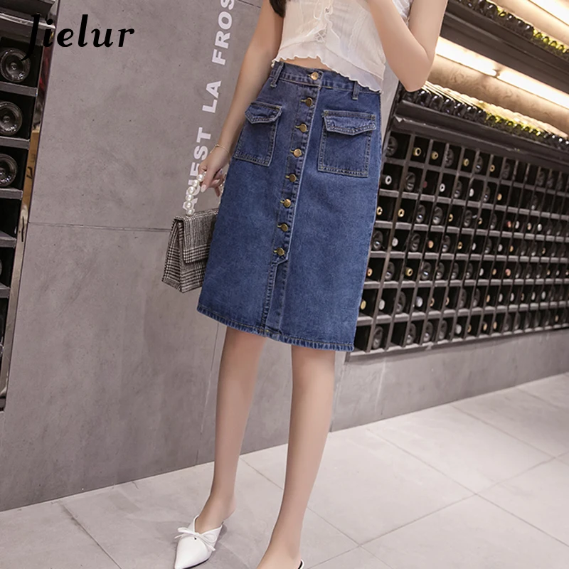Jielur Korean Fashion High Waist Skirt Plus Size Buttons Pockets Classic Jeans Skirt for Women S-5XL Elegant Jupe Femme Dropship Skirts