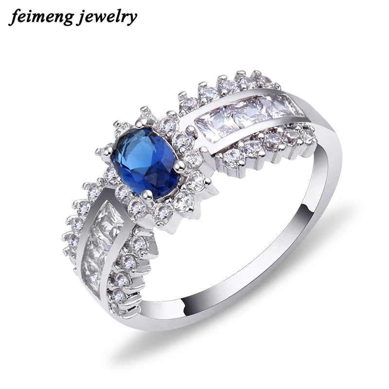 Female Blue Oval Ring Fashion White Gold Filled Jewelry Vintage Wedding Rings For Women Birthday Stone Gifts Valentine's Day | Украшения