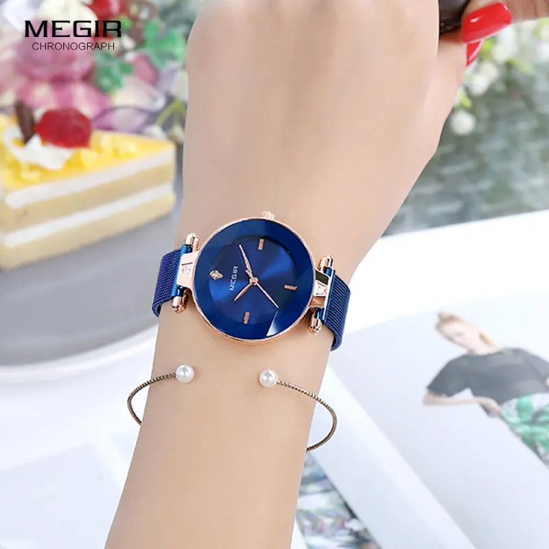 MEGIR женские деловые Аналоговые часы с браслетом, простой сетчатый ремешок, кварцевые наручные часы Relojes de Mujer Relogios Femininos, 4209 синий