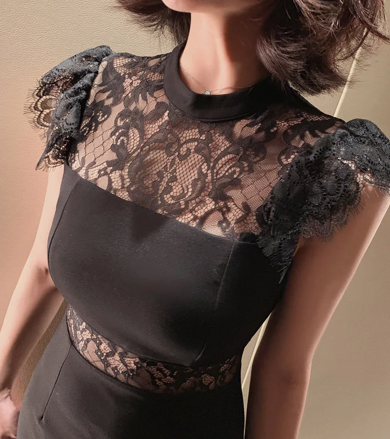 Женское кружевное вечернее платье, элегантное праздничное деловое платье черного цвета, платье до середины икры с рукавом-бабочкой и О-образным вырезом, лето