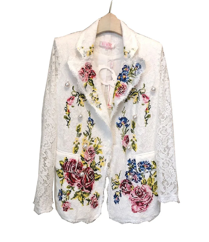 

Sexy Lace Crochet White Embroidery Elegant Women Summer Hollow Out Long Sleeve OL Work Suit Jacket Coat Outerwear