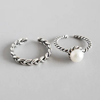 

XIYANIKE 925 Sterling Silver Jewelry Shine Pearls Retro Braided Rope Surround Open Adjustable Ring For Women Lover Gift Trendy
