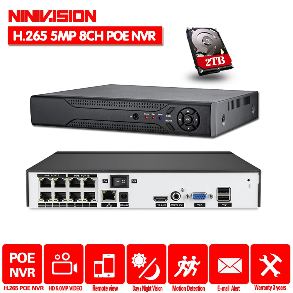 H.265 4CH 8CH 4MP 5MP 1080P POE NVR аудио выход безопасности видеонаблюдения сетевой видеорегистратор до 16CH для POE IP камеры