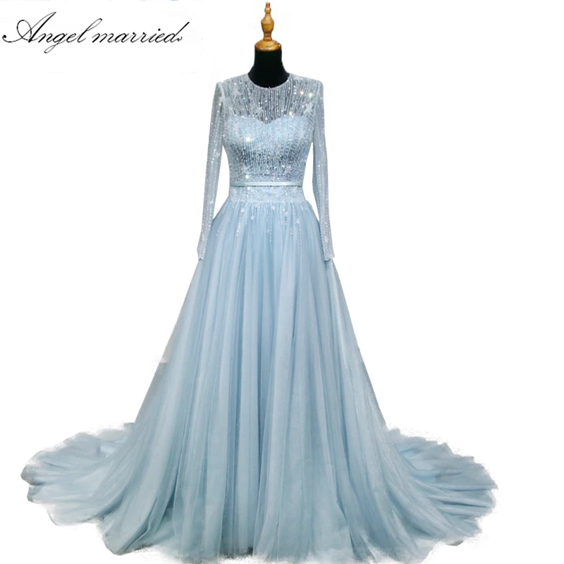 

elegant blue Evening Dresses long sleeve banquet dress beaded women pageant gown a line tulle prom dress vestido de festa