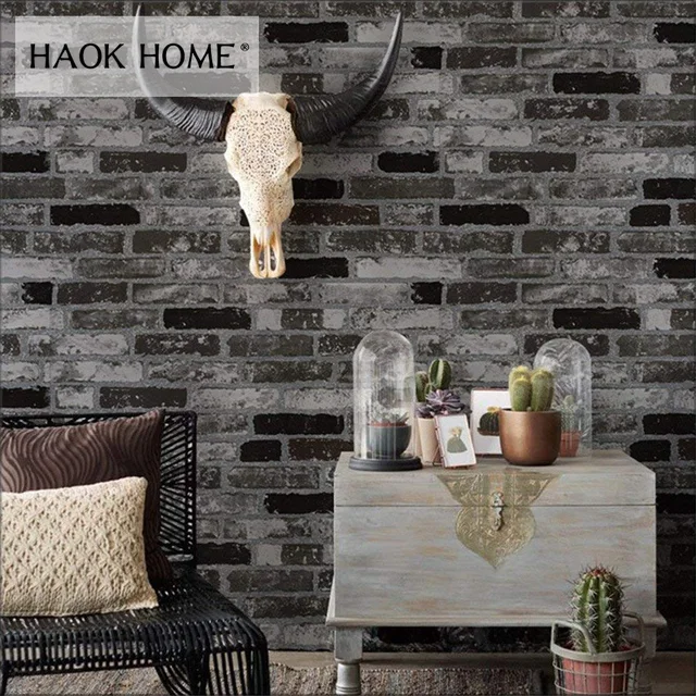 Haokhome Vintage Brick Textured Vinyl Wallpaper For Wall Rolls Haokhome Vintage Brick Textured Vinyl Wallpaper For Wall Rolls Grey Black Living Room Home Kitchen Bathroom Decoration