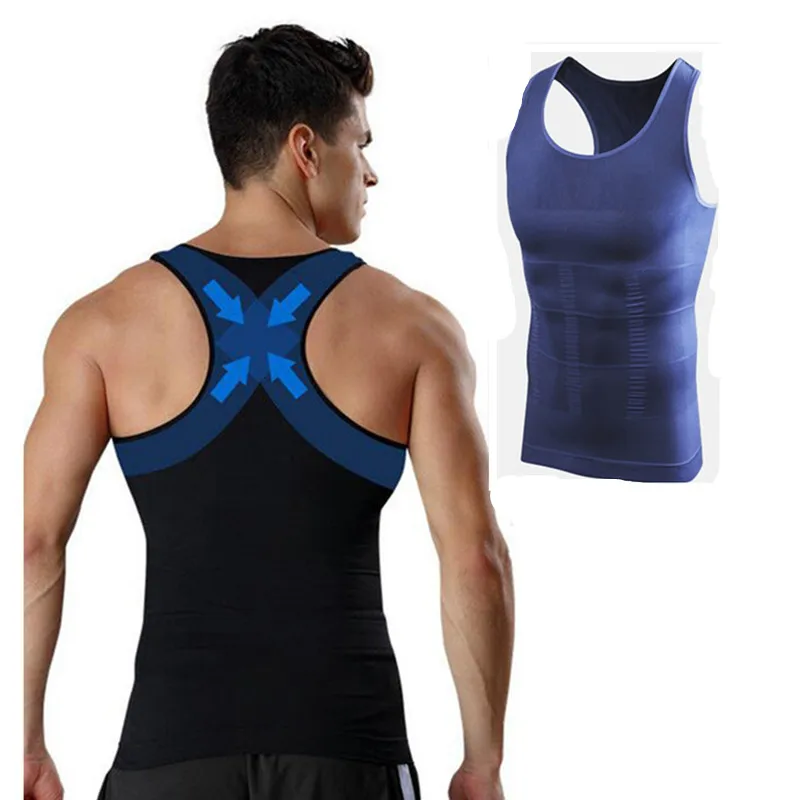 Kopen Mannen Gynaecomastie Vest Afslanken Boobs Body Shaper Controle Buik Tummy Trimmer T shirt Mouwloze Rugsteun Ondergoed Shapewear