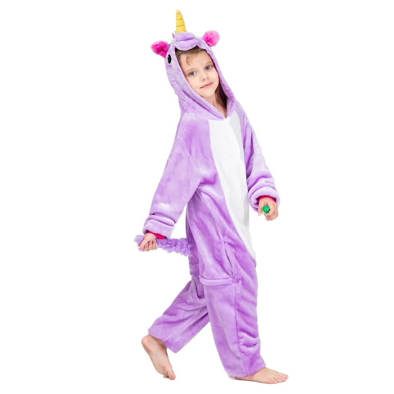 PAXLL/фиолетовая Пижама с изображением единорога Пегаса для мальчиков и девочек; зимняя Фланелевая пижама кигуруми; одежда для малышей; детские пижамы