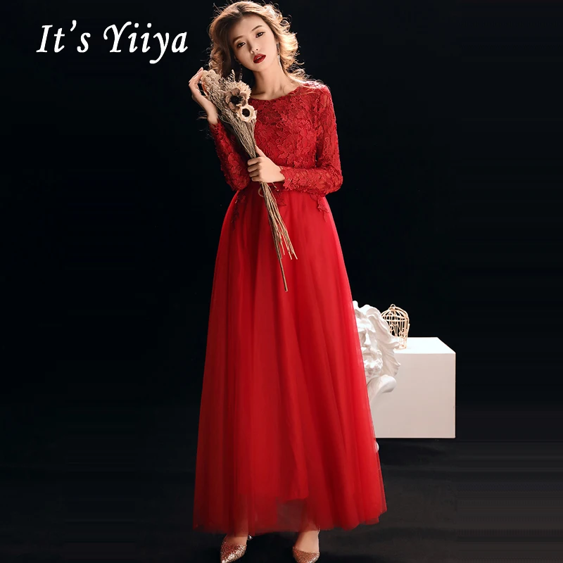 

Prom Dresses Full Sleeve Vestidos De Gala 2019 Burgundy Floral Lace O-neck Zipper Long Dresses Women Party Night Plus Size E457