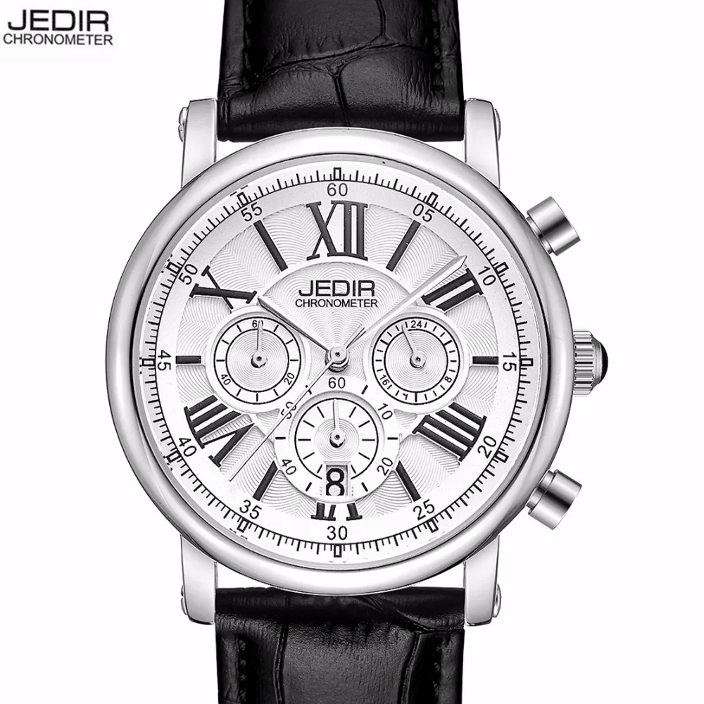 

JEDIR Brand Woman's Chronograph Quartz Watch with 24 Hours and Calendar Display Black Leather Strap Wrist Stopwatches for Ladies