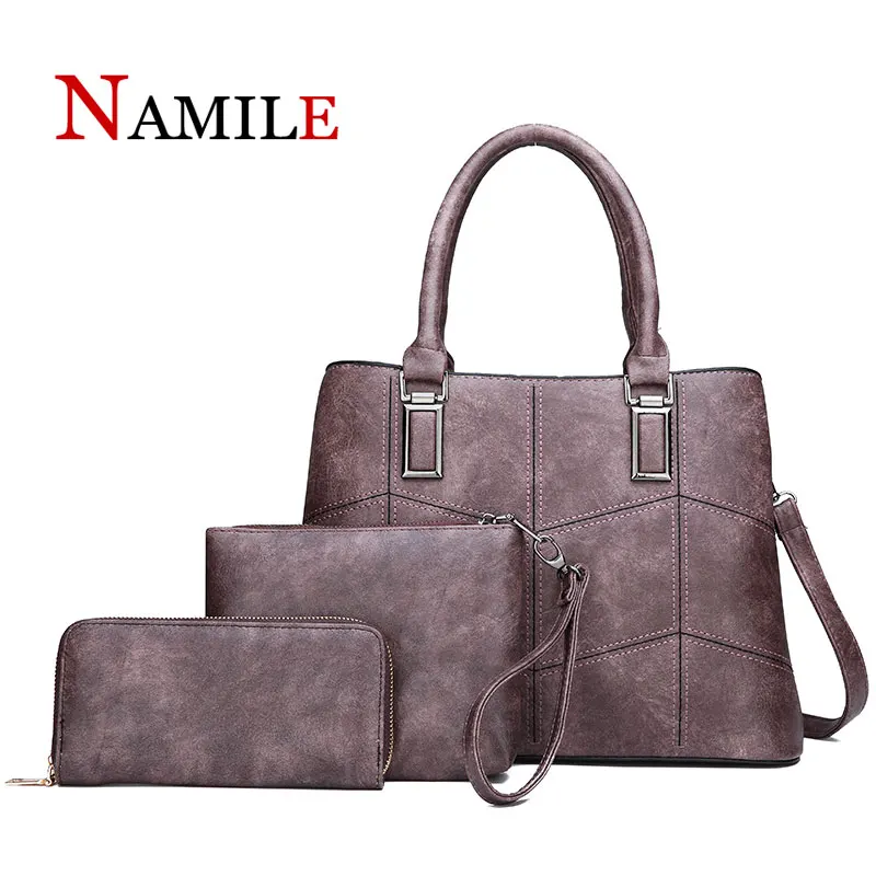 

High quality luxury handbag simple fashion embroidery line elegant and capable ladies combination bag set of 3