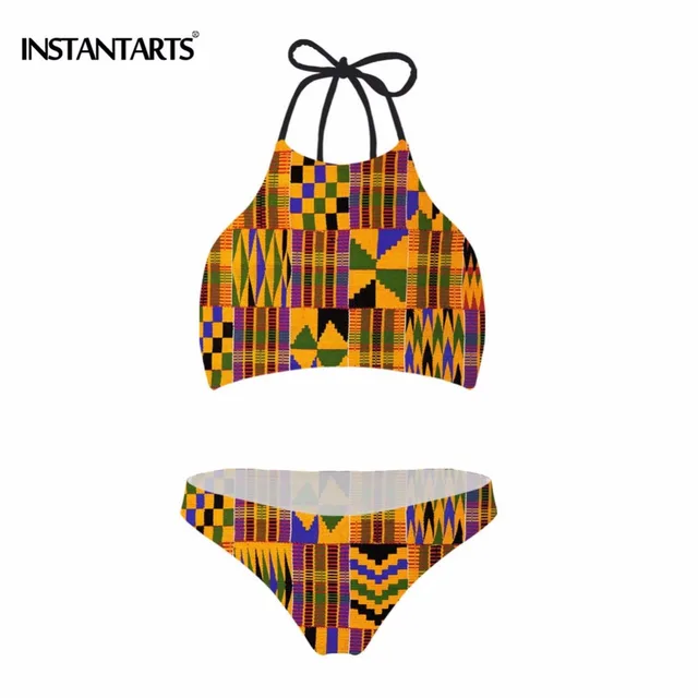 INSTANTARTS African Print Swimsuits Women Lace Up String Bikinis Sets ...