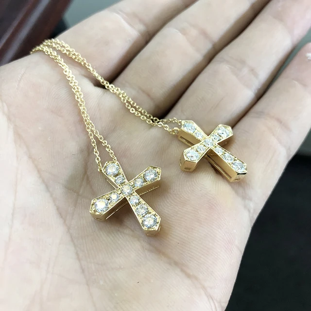 AEAW Solid 14K Yellow Gold Lab Grown Moissanite Diamond Cross Pendant Necklace For Women 5