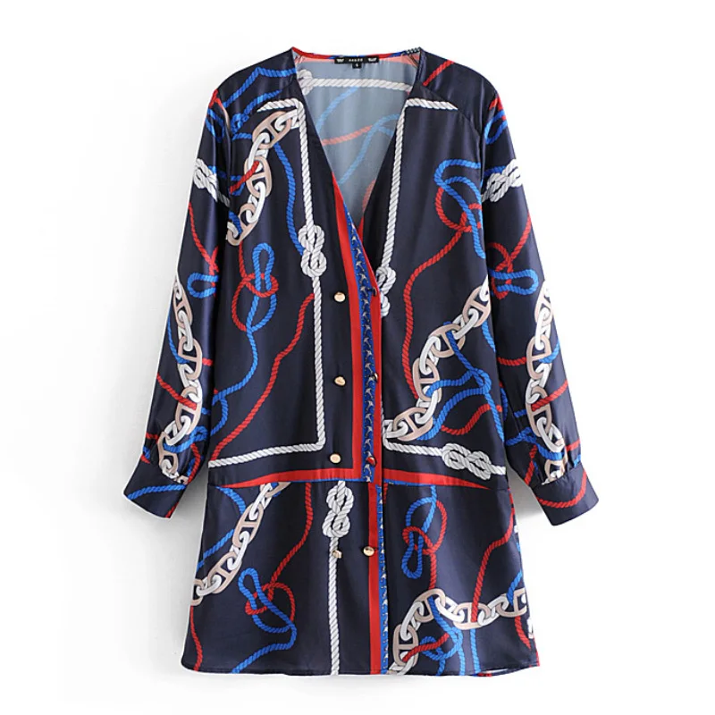 

Women Straight Mini Dress Full Sleeve V Neck Rope Chain Pattern Summer Double Breasted Casual Dress FFZYQ48