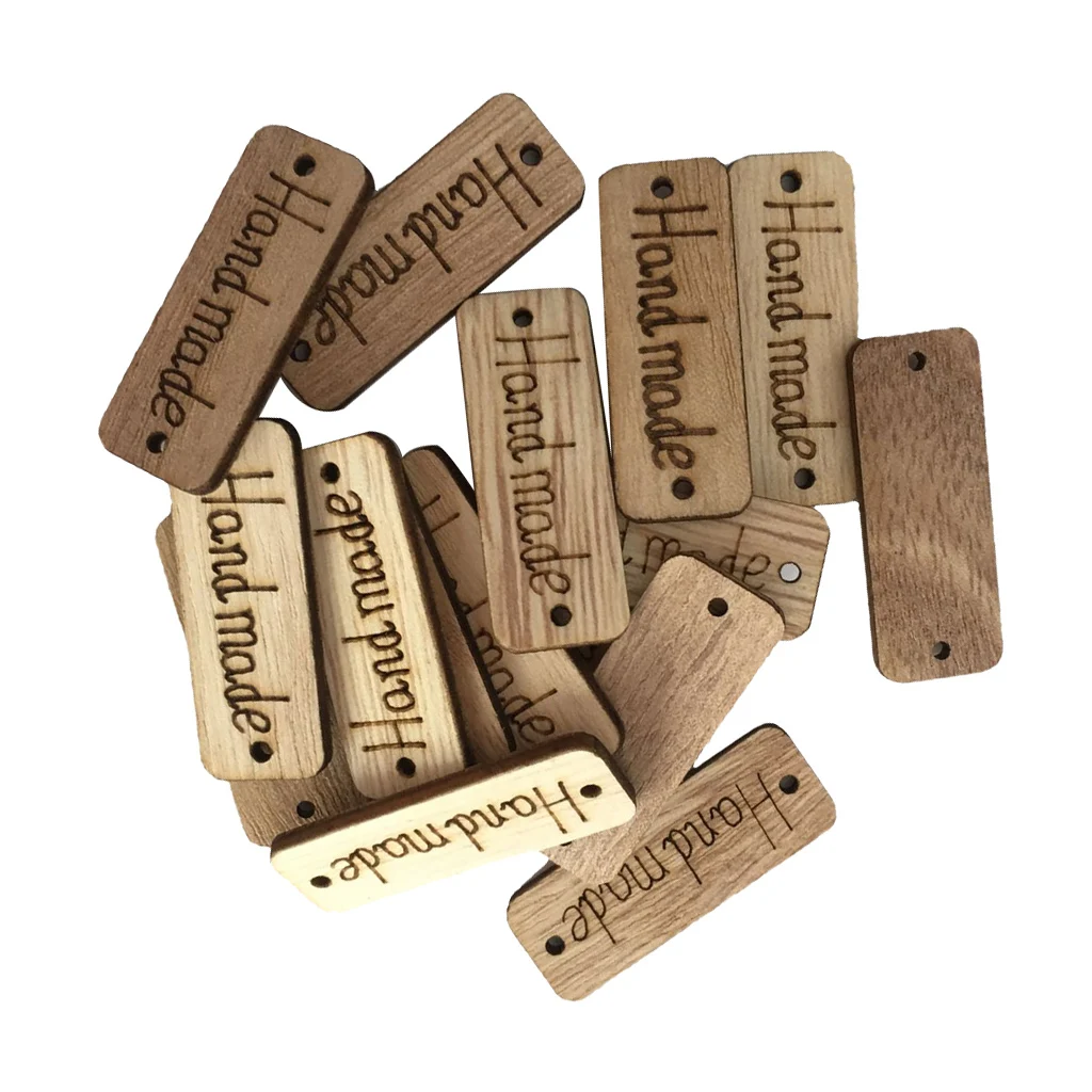 100Pcs Handmade Tag Label Wooden Buttons Wood Handmade Tags Button with 2 Holes for Crafts Sewing Clothing Decoration