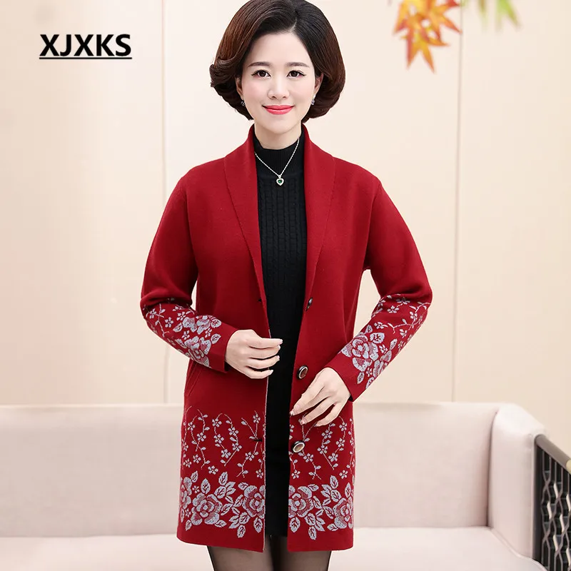 XJXKS, длинный кардиган для женщин,, осень, зима, v-образный вырез, вязаный свитер, кардиганы, женские свитера, длинное пальто, джемпер с принтом, 6119 - Цвет: Красный