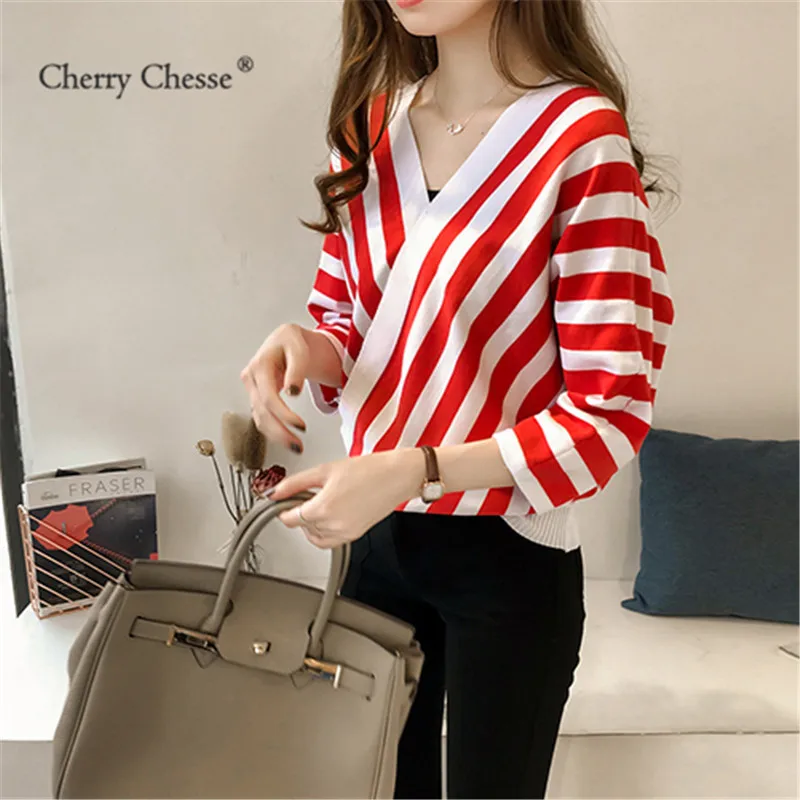 Cherry Chesse для женщин осень полосатый свитер с рукавом три четверти топы