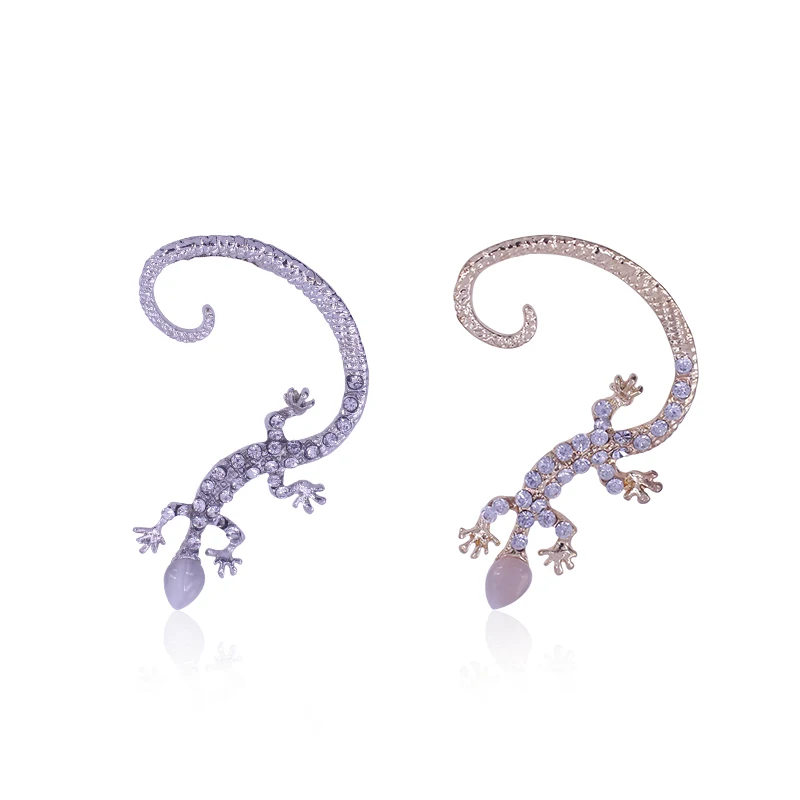 

Fashion Punk Style Gold And Silver Gecko Lizard Ear Clip Couple Earrings With Bright Rhinestones Earring For Women