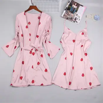 

Silk Pajamas Women's Spring Summer Nightgown 2 Piece Sling Nightdress Strawberry Sexy Home Dress Kimono Cute Korean Set f662