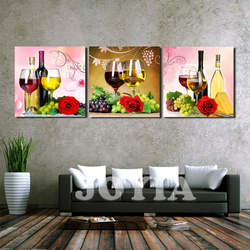 

Grape Wine Cup Rose Wall Pictures 3 Piece Canvas Wall Art Modern Paintings Set for Kitchen Dinning Room Home Decoration No Frame
