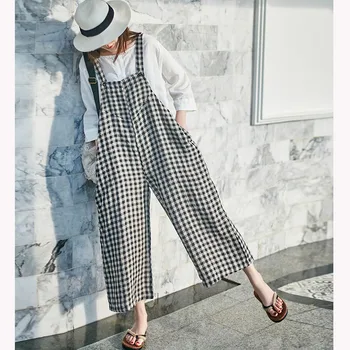 

SCUWLINEN 2020 Spring Summer Women Pants Vintage Classic Plaid Long Linen Jumpsuits Loose Casual Bib Pants X01893