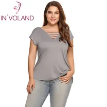 IN'VOLAND, женские футболки больших размеров, лето-осень, повседневные, глубокий v-образный вырез, шнуровка, короткий рукав, одноцветная футболка, женские футболки, топы, 4XL