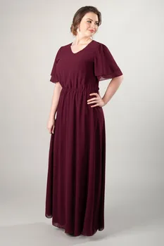 

Dark Red Chiffon A-line Plus Size Modest Bridesmaid Dresses With Flutter Sleeves Summer Long Bohemian Bridesmaid Dress