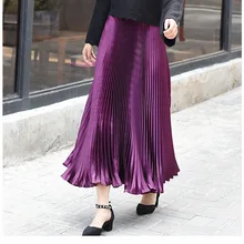 Демисезонный Для женщин длинные серебристый металлик Макси плиссированная юбка миди Высокая Талия юбки-пачки Дамская мода вечерние юбка