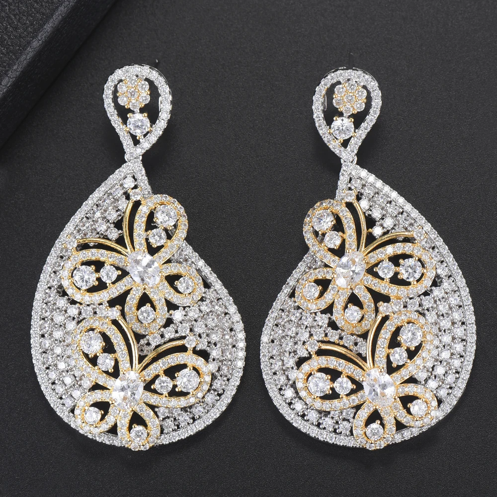 

38*69 MM Luxury Full Cubic Zirconia Inlaid Drop Earrings Flower Hollow Dangle Earrings Fashion Jewelry boucle d'oreille femme
