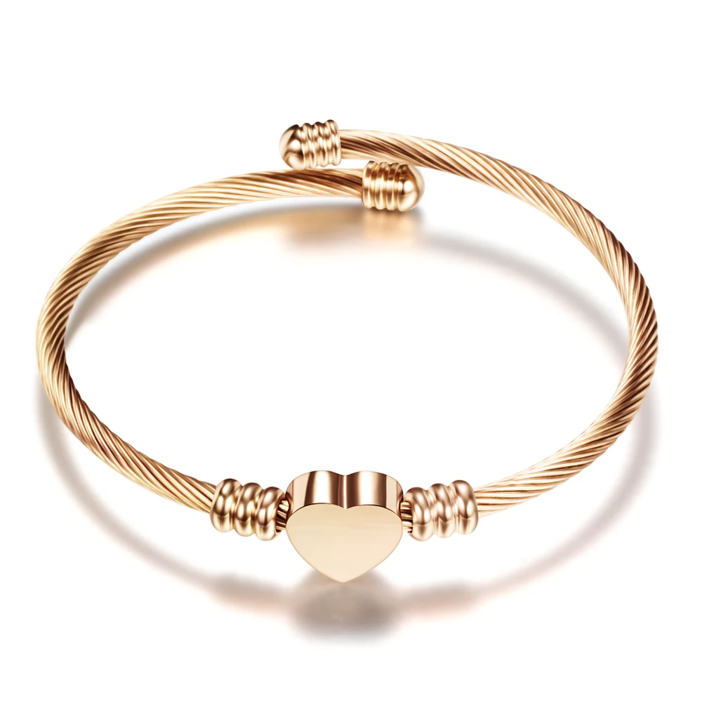 Fashion 3Colors Jewelry Women's Stainless Steel Twisted Cable Wire Heart Charm Bracelet Bangle - Image 3