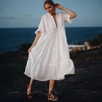 

Bikini Beach Dress Tunic Pareos For Women Kaftan 2019 New Cotton Shirt Long Sleeve Size Sexy Beach Cover Up Pareo Praia