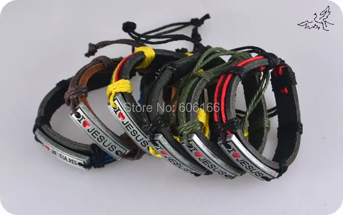 12pcs/lot MIX Color I Love JESUS Bracelets Leather Alloy ID Fashion Catholic Christian Religious Jewelry