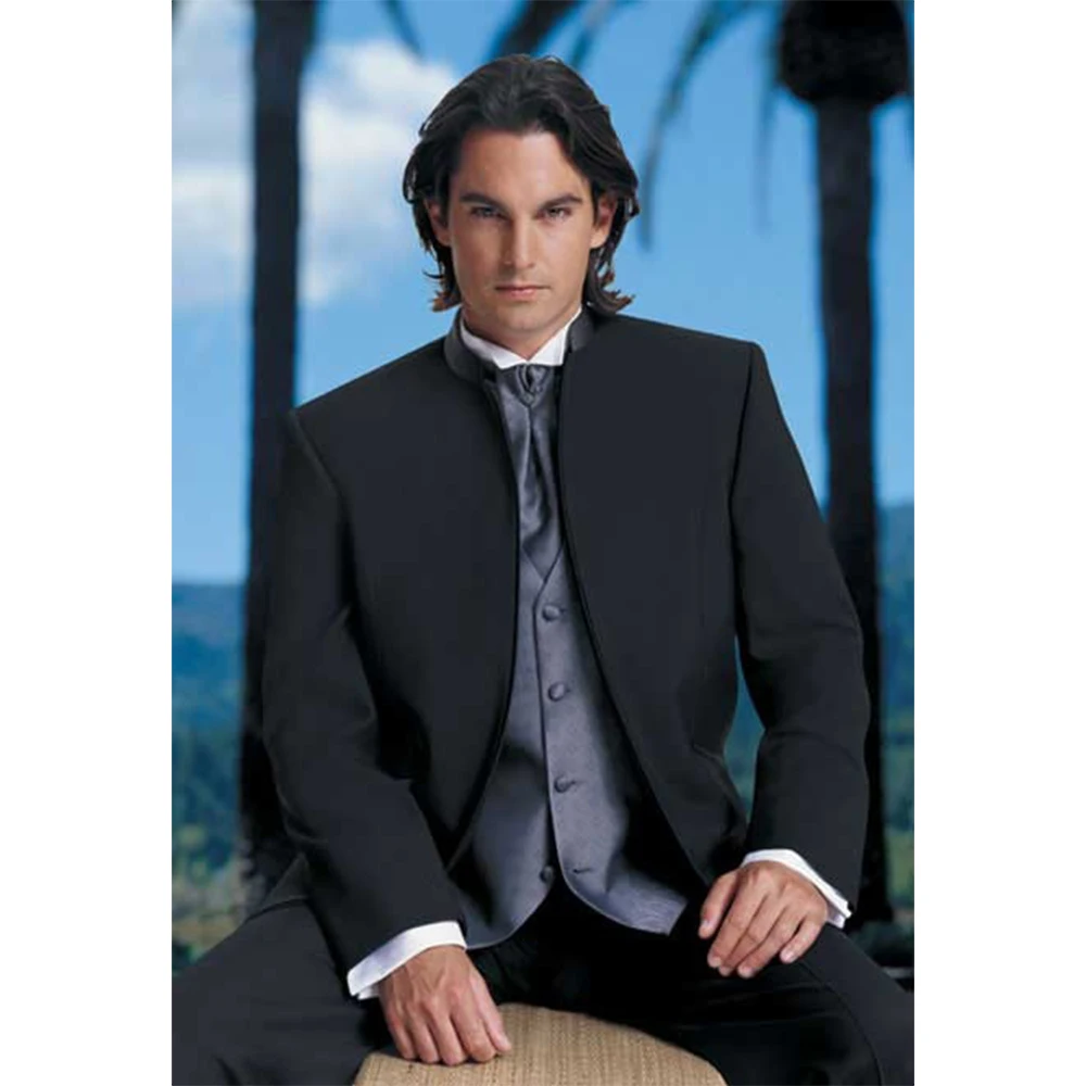 Custom Made to Measure Black Mandarin Collar Groomsmen Wedding Suits ...