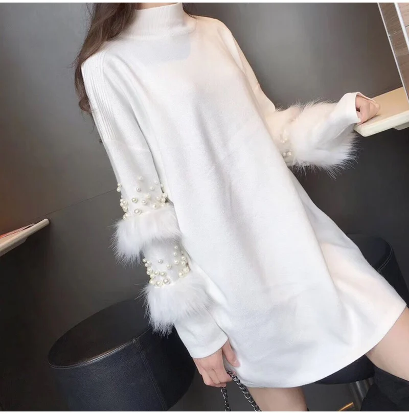 Women Winter Faux Fur Sweater Fashion Pearls Turtleneck Knitted Pullover Female Rabbit Fur Embellish Long Sweaters jumper