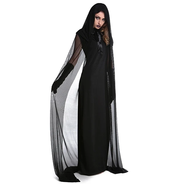 Horror Black Halloween Witch Hooded Dress With Headware and Gloves ...