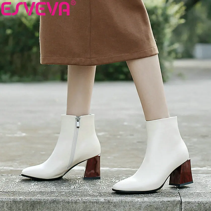 

ESVEVA 2019 Woman Boots Western Style Shoes Square Toe Winter Autumn Women Ankle Boots Square High Heels Shoes Zip Size 34-39