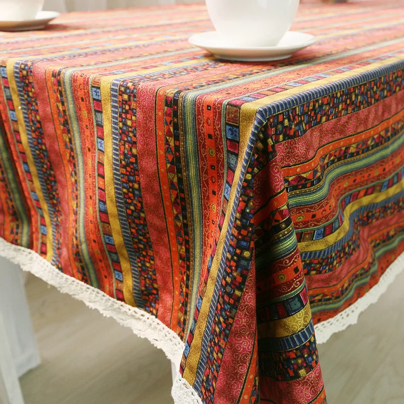 

Colorful Stripe Linen&lace Tablecloth Kitchen Dining Table Decorations Home Rectangular Party Table Covers Christmas Table Cloth