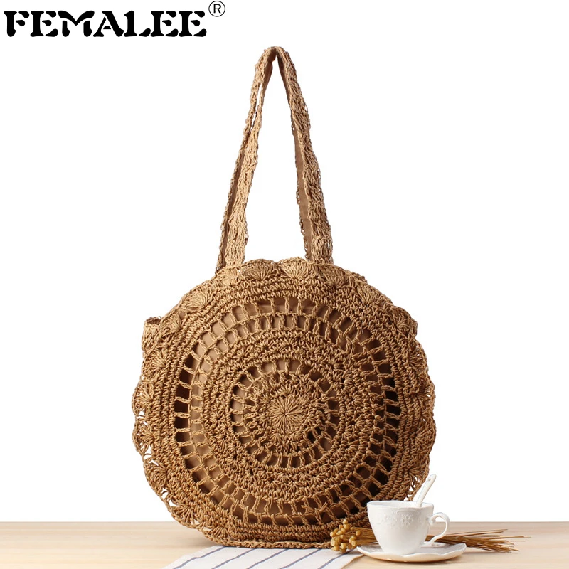 

FEMALEE New Women Hand-Woven Round Straw Bag Bali Ladies Tote Beach Circle Handbag Summer Holiday Retro Hollow Out Shoulder Bags