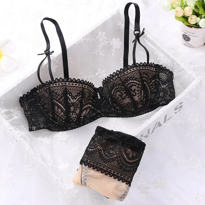 

New Fashion Women Bra Sweet 1/2 Cup Push Up Underwear Silk Lace Embroidery Half Cup Bowknot Women Sexy Push Up Underwear Set