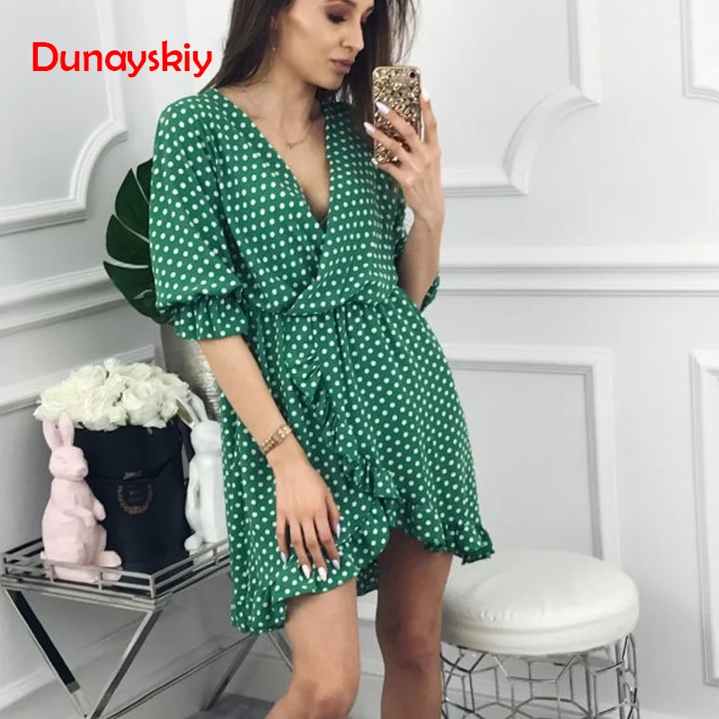 

Women Polka Dot Short Dress Ruffles Print Sexy Bodycon Beach Female Half Sleeve Summer Autumn Party Mini Dresses Vestidos